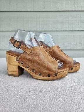 Bed Stu Marie Peep Toe Slingback Studded Platform Clog Sandal SZ 6.5 Brown Boho